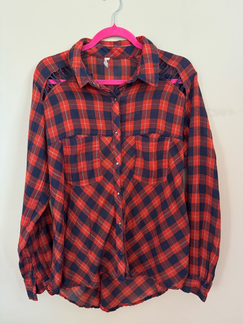 Free People Red Navy Plaid Button Down Shirt Boho Grunge Flannel Size Medium - Picture 6 of 11